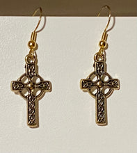 Load image into Gallery viewer, Celtic cross earrings in goldtone or silvertone w/ optional gemstone bead
