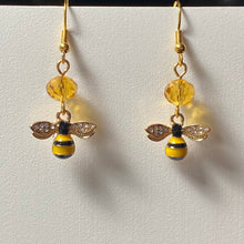 Load image into Gallery viewer, All Abuzz: enameled goldtone honeybee earrings with citrine crystal bead beekeeper apiculture bee lover gift
