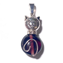 Load image into Gallery viewer, Amethyst Cat: silvertone and dark purple glass round cat pendant
