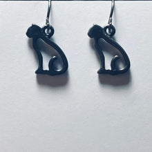 Load image into Gallery viewer, Cat Silhouette: silvertone, goldtone , or black cat earrings - cat mom cat lover gift
