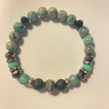 Load image into Gallery viewer, Bracelet - sesame jasper w gunmetal and mint green crystal rondelles, and rhinestone pavé center bead
