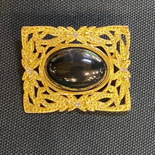 Load image into Gallery viewer, Vintage Gilded Age Victorian Art Nouveau ornate gold filigree onyx brooch
