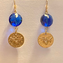 Load image into Gallery viewer, Bee Royal: matte goldtone and royal blue honeybee earrings Outlander fan beekeeper bee lover gift
