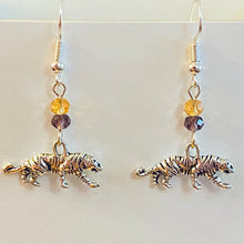Load image into Gallery viewer, LSU Tigers sports fan small silvertone tiger earring with purple and gold crystal beads
