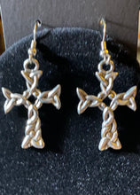 Load image into Gallery viewer, Antique silver pewter woven Celtic knotwork cross earrings w/optional gemstone bead
