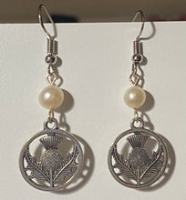 Load image into Gallery viewer, Scottish Thistle round silvertone Celtic earrings Sassenach Outlander fan gift jewelry (w/ optional crystal or pearl bead)
