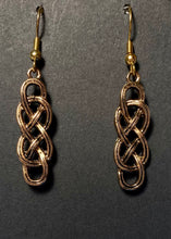 Load image into Gallery viewer, Celtic knot rectangular bar earrings, antique goldtone
