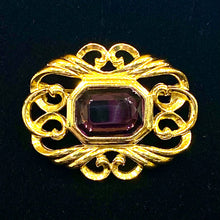 Load image into Gallery viewer, Vintage Avon Fashion Accents Victorian Art Nouveau Renaissance ornate gold filigree brooch w purple stone
