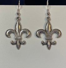 Load image into Gallery viewer, Fleur-de-lis large beaded edge earring in goldtone or silvertone w/ optional 8mm crystal or gemstone bead French symbol New Orleans Saints sports fan
