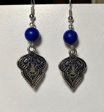 Load image into Gallery viewer, Silvertone Middle Eastern Mendhi earrings with 8mm lapis jasper bead
