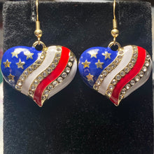 Load image into Gallery viewer, American Heart patriotic rhinestone and enamel flag earrings stars and stripes 4th of July holiday jewelry
