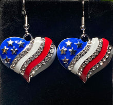 Load image into Gallery viewer, American Heart patriotic rhinestone and enamel flag earrings stars and stripes 4th of July holiday jewelry
