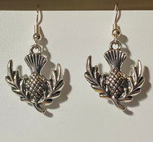 Load image into Gallery viewer, Flower of Scotland: Scottish thistle silvertone Celtic earrings Sassenach Outlander fan gift jewelry (w/ optional crystal or pearl bead)
