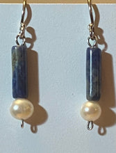 Load image into Gallery viewer, Roman style sodalite gemstone and freshwater pearl sterling silver earrings
