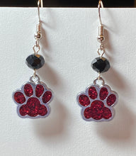 Load image into Gallery viewer, Paw print sports fan earrings: Tigers, Lions, Bulldogs, Wildcats, Huskies, Panthers, Jaguars: choice of team color with or without crystal bead.
