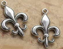 Load image into Gallery viewer, Fleur-de-lis earring in antique goldtone or silvertone w/ optional 8mm crystal or gemstone bead French symbol New Orleans Saints sports fan
