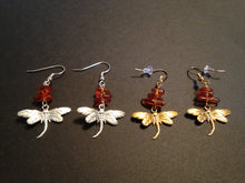Load image into Gallery viewer, Dragonfly In Amber goldtone or silvertone dragonfly earrings with genuine Baltic Amber Outlander fan gift jewelry
