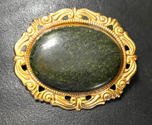 Load image into Gallery viewer, Huge goldtone brooch with serpentine gemstone cabochon

