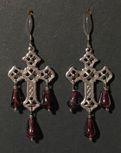 Load image into Gallery viewer, Garnet and gold or silver filigree cross earrings with sterling or 14k gold-filled earwires
