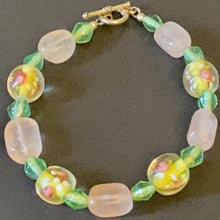Load image into Gallery viewer, Easter Parade: pastel pink, green, and yellow rose quartz and floral lampwork glass bead bracelet
