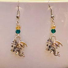 Load image into Gallery viewer, UAB Blazers sports fan small silvertone dragon earrings with gold and green crystal beads
