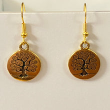 Load image into Gallery viewer, Family Tree or Tree of Life World Tree goldtone earrings with optional gemstone or crystal bead
