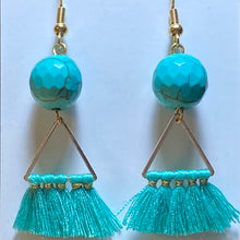 Load image into Gallery viewer, Turquoise Dream: goldtone and turquoise blue beaded boho tassel earrings

