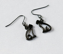 Load image into Gallery viewer, Cat Silhouette: silvertone, goldtone , or black cat earrings - cat mom cat lover gift
