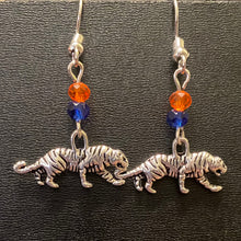 Load image into Gallery viewer, Auburn Tigers sports fan small silvertone tiger earring with orange and blue crystal beads
