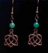 Load image into Gallery viewer, Celtic heart earrings with triquetra knot, copper finish (w/ optional gemstone bead)
