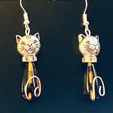 Load image into Gallery viewer, Tortoiseshell Cat: silvertone and amber/black Czech glass teardrop cat earrings
