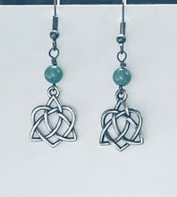 Load image into Gallery viewer, Celtic heart earrings with triquetra knot, silvertone
