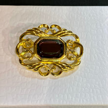 Load image into Gallery viewer, Vintage Avon Fashion Accents Victorian Art Nouveau Renaissance ornate gold filigree brooch w purple stone

