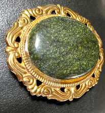 Load image into Gallery viewer, Huge goldtone brooch with serpentine gemstone cabochon
