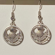 Load image into Gallery viewer, Scottish Thistle round silvertone Celtic earrings Sassenach Outlander fan gift jewelry (w/ optional crystal or pearl bead)
