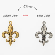 Load image into Gallery viewer, Fleur-de-lis earring in antique goldtone or silvertone w/ optional 8mm crystal or gemstone bead French symbol New Orleans Saints sports fan
