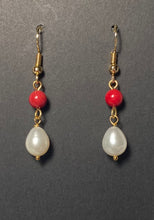 Load image into Gallery viewer, Red bamboo coral and freshwater pearl teardrop earrings
