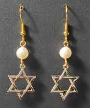 Load image into Gallery viewer, Freshwater pearl and goldtone Star of David earrings Jewish faith jewelry
