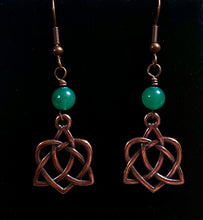 Load image into Gallery viewer, Celtic heart earrings with triquetra knot, copper finish (w/ optional gemstone bead)
