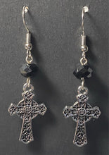 Load image into Gallery viewer, Celtic cross silvertone floral earrings with black bead Christian faith jewelry
