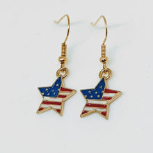 Load image into Gallery viewer, Americana patriotic enamel stars and stripes heart, star, or flag earrings 4th of July holiday jewelry
