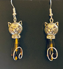 Load image into Gallery viewer, Tortoiseshell Cat: silvertone and amber/black Czech glass teardrop cat earrings
