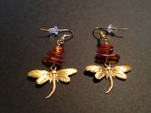 Load image into Gallery viewer, Dragonfly In Amber goldtone or silvertone dragonfly earrings with genuine Baltic Amber Outlander fan gift jewelry
