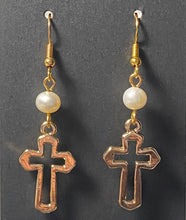 Load image into Gallery viewer, Freshwater pearl and goldtone open cross earrings Christian faith jewelry
