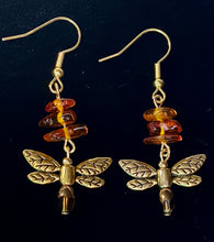 Load image into Gallery viewer, Dragonfly In Amber II goldtone or silvertone dragonfly earrings with genuine Baltic Amber Outlander fan gift jewelry
