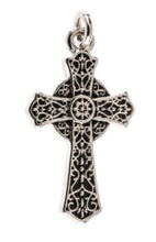 Load image into Gallery viewer, Celtic cross silvertone floral earrings with black bead Christian faith jewelry
