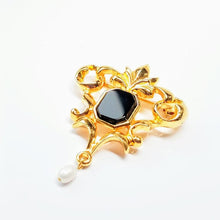 Load image into Gallery viewer, Vintage Avon Victorian Art Nouveau Renaissance ornate gold filigree onyx brooch w freshwater pearl dangle la
