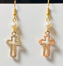 Load image into Gallery viewer, Freshwater pearl and goldtone open cross earrings Christian faith jewelry
