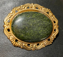 Load image into Gallery viewer, Huge goldtone brooch with serpentine gemstone cabochon
