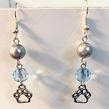 Load image into Gallery viewer, Helena Huskies paw print sports fan earrings withchoice of crystal or pearl bead in team colors
